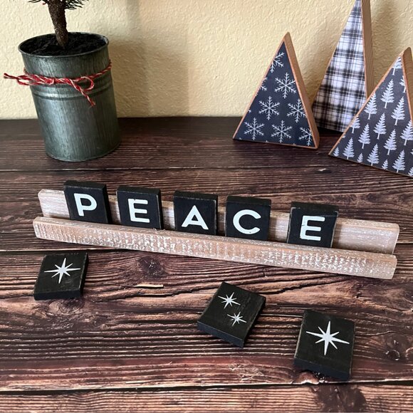CLEARANCE!Wooden Ledgie Kit - PEACE / 12"x2.5"x1" / Black and White / Christmas - Picture 3 of 5
